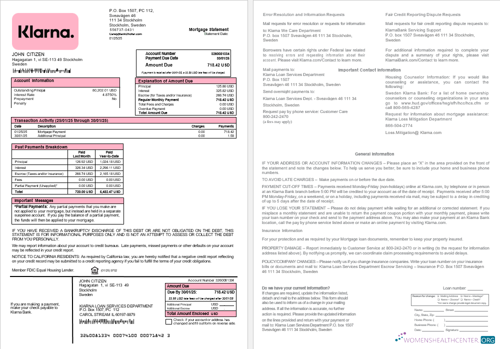 Download Sweden Klarna Bank mortgage statement in Word and PDF formats Photoshop template